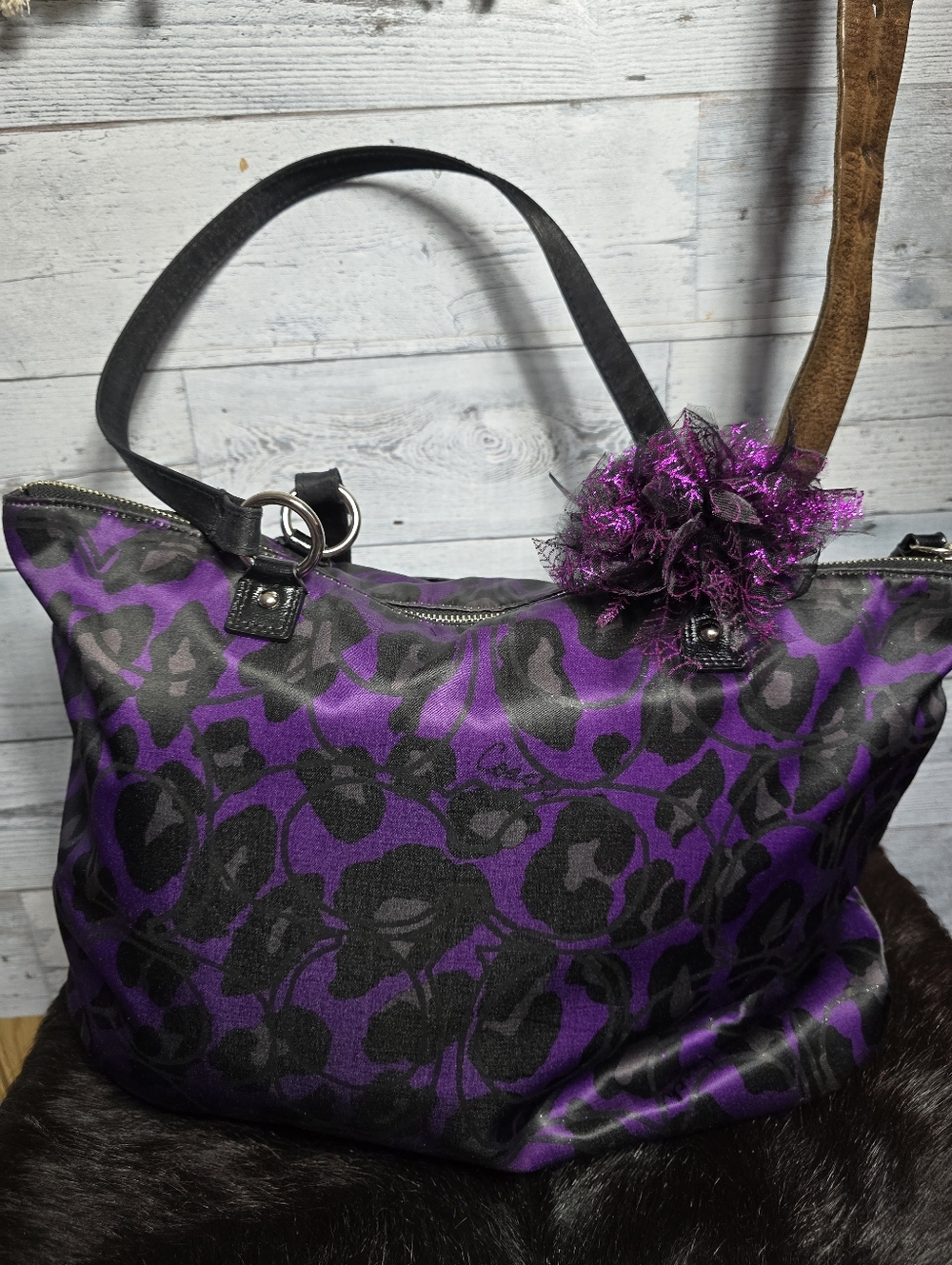Y2K Coach Poppy Daisy Ocelot Glam Tote Purple Leopard Print Glitter Indie Sleaze - Picture 10 of 14